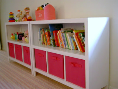 diy bookshelves with fabric storage bins