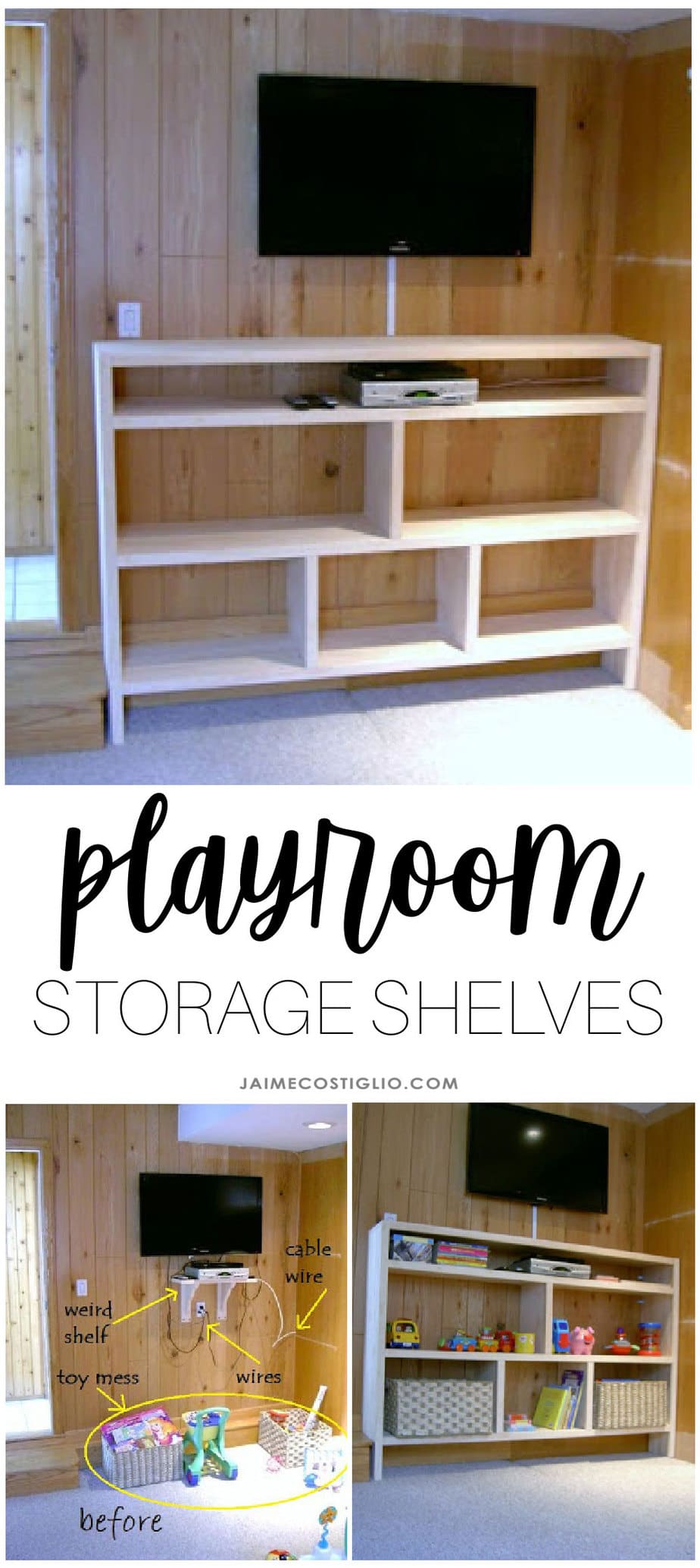 storage shelves in playroom
