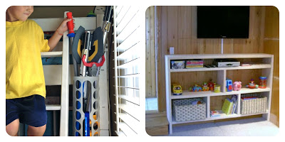 diy weapons holster and playroom storage shelves