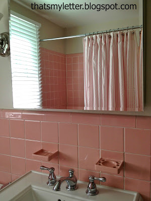 pink bathroom with diy shower curtain