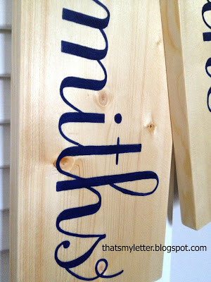 detail of handpainted last name on wood