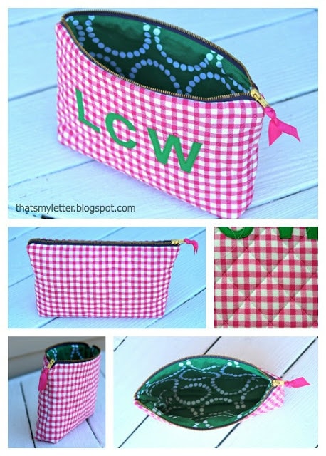 diy quilted gingham zipper pouch with monogram