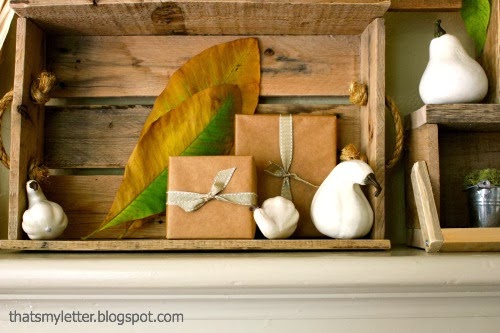 crate and gourds fall mantel