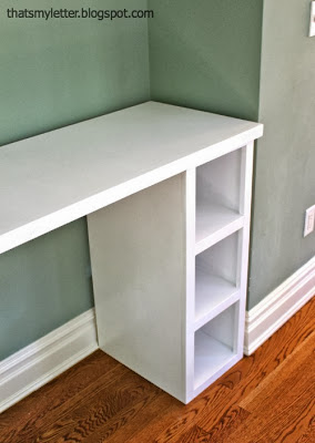 homework counter with open storage shelves