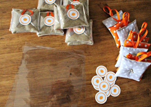 wrapping lavender sachets in clear cello