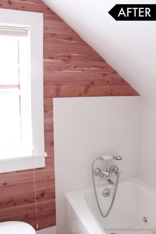 diy white bathroom makeover cedar planked walls