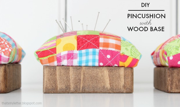 quilted pincushion with wood base