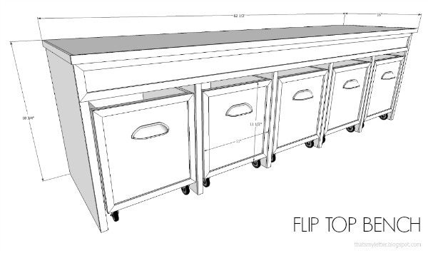 DIY flip top bench with pull out bins and free plans