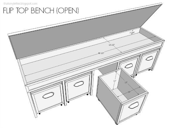 DIY flip top bench with pull out bins and free plans