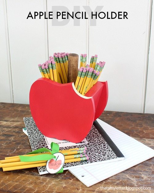 Hand-crafted Wood Apple Teacher Pencil Holder 