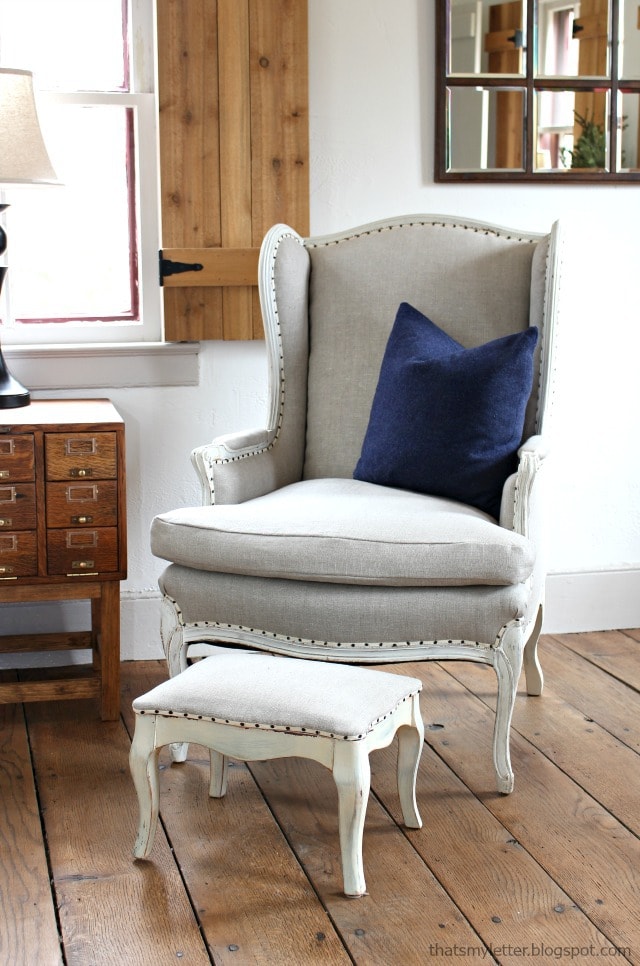 linen wing chair with footstool