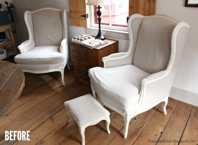 drop cloth covered wing chairs