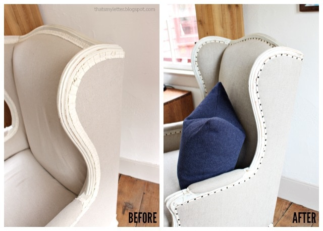 reupholstered wing chair before and after