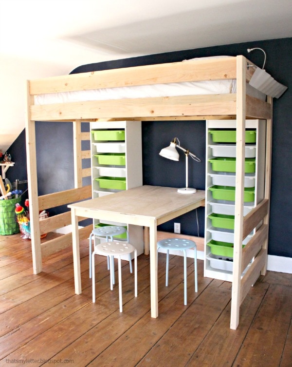 Diy Loft Bed With Lego Storage Work, Plans For A Bunk Bed With Desk Underneath