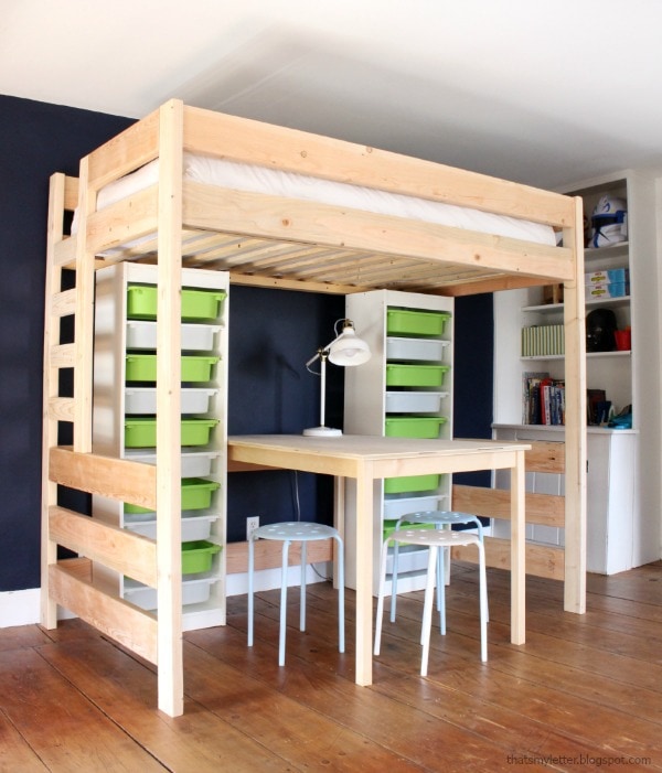 loft bed with lego storage and work space