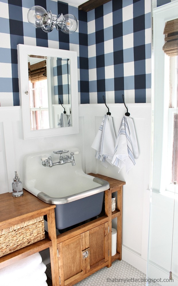 master bathroom with gingham painted walls