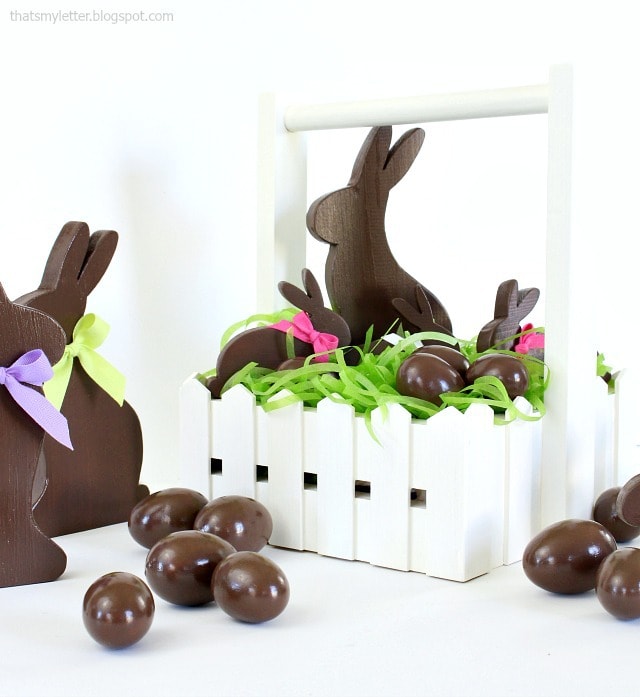 diy easter basket with faux chocolate bunnies and eggs