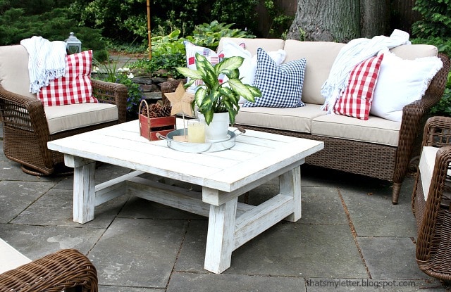 outdoor patio with painted coffee table