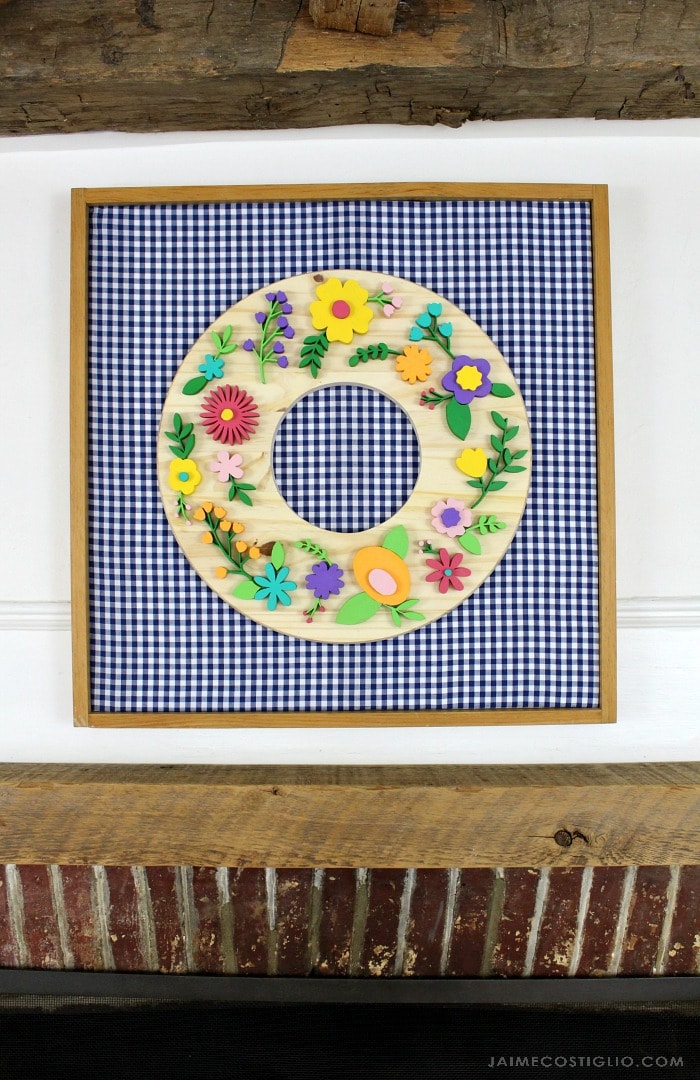 blue and white gingham frame with wreath