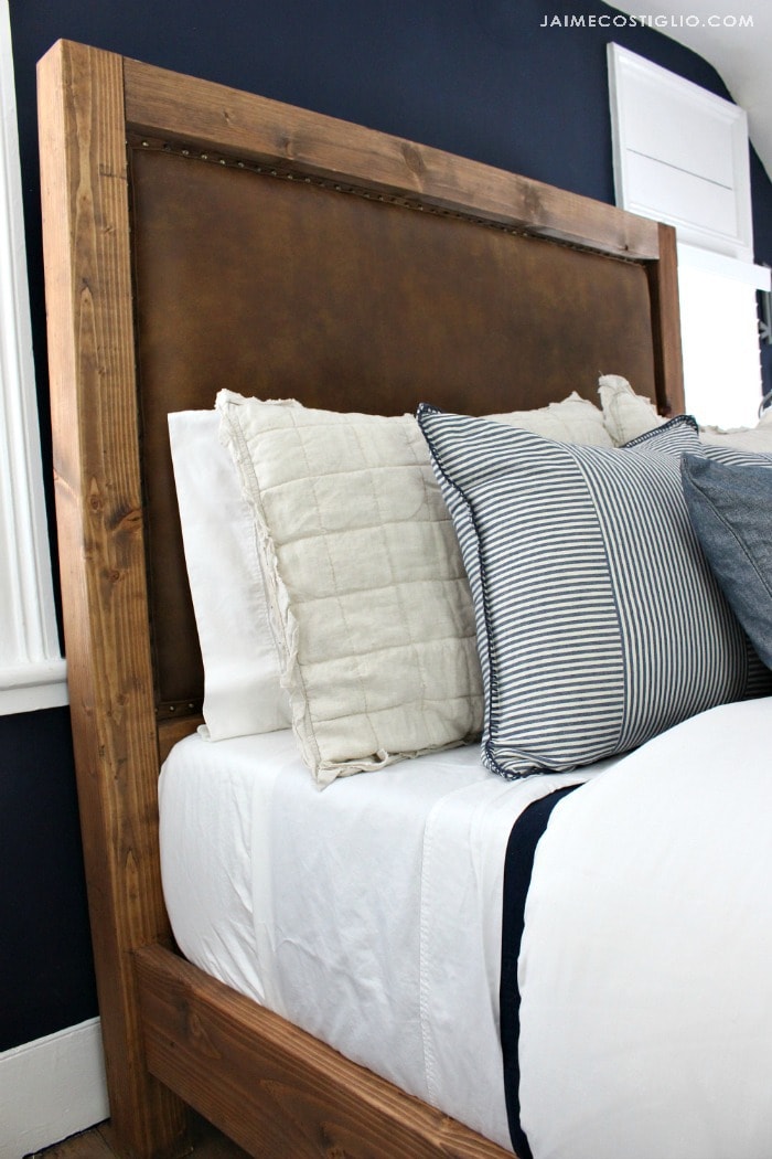 wood post bed leather headboard