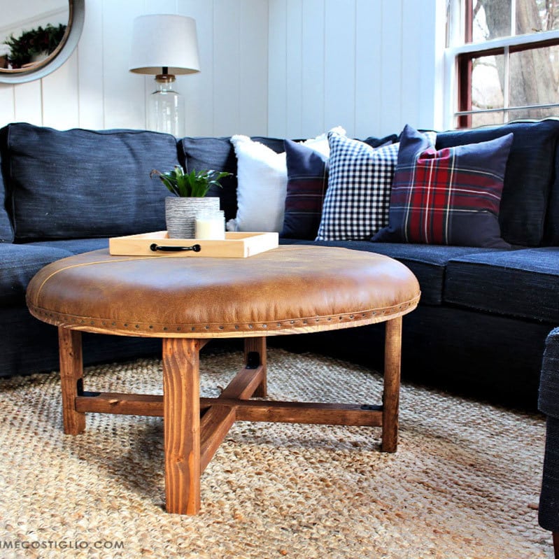 Diy Round Leather Upholstered Ottoman, Round Leather And Wood Ottoman