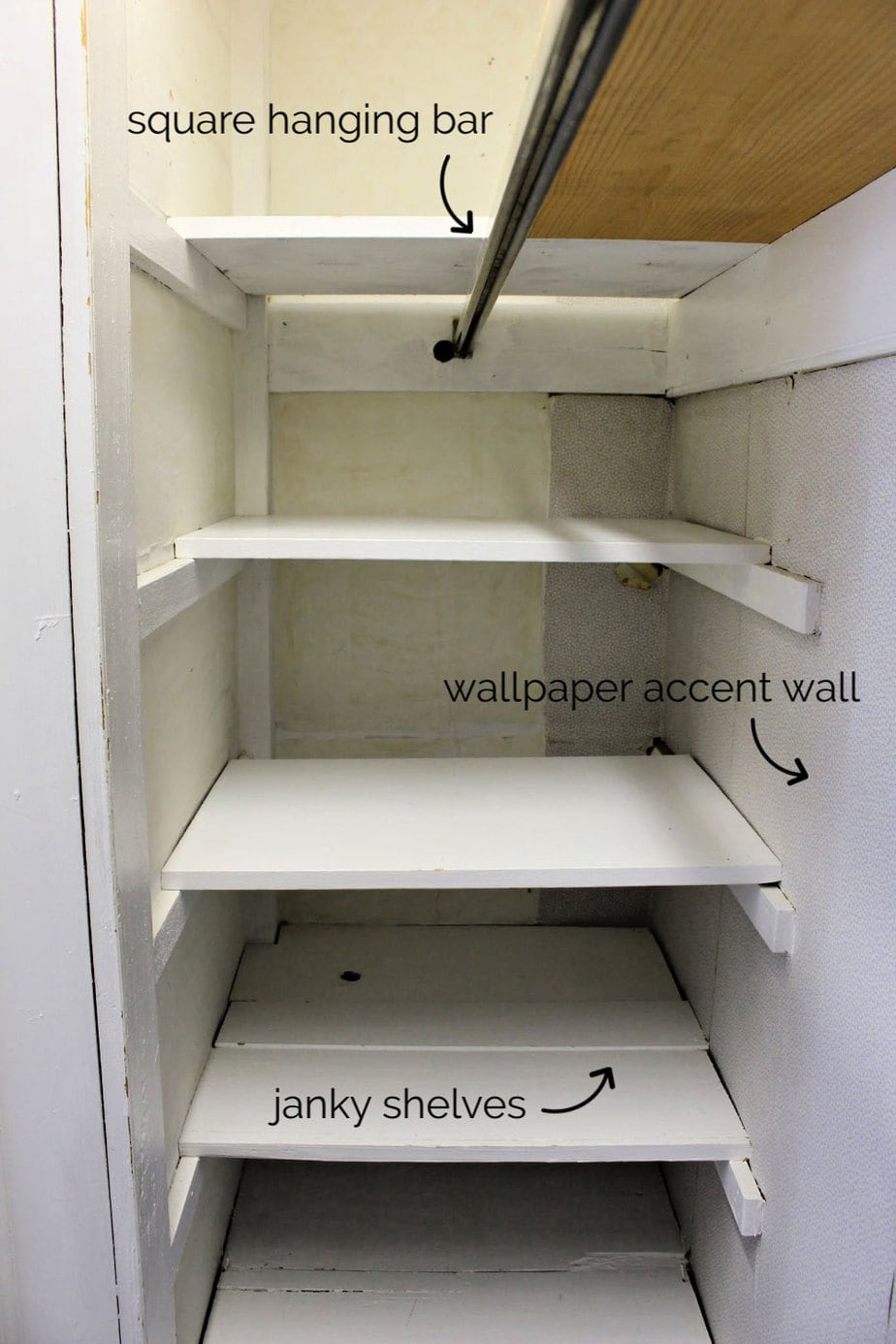 linen closet shelves before