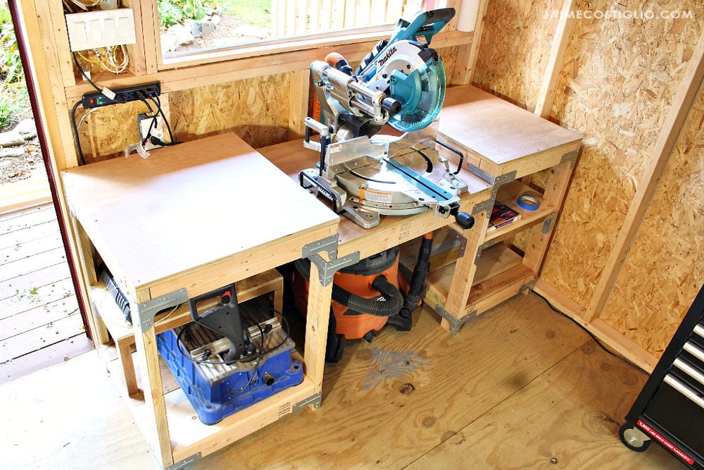 miter saw station in shed shop