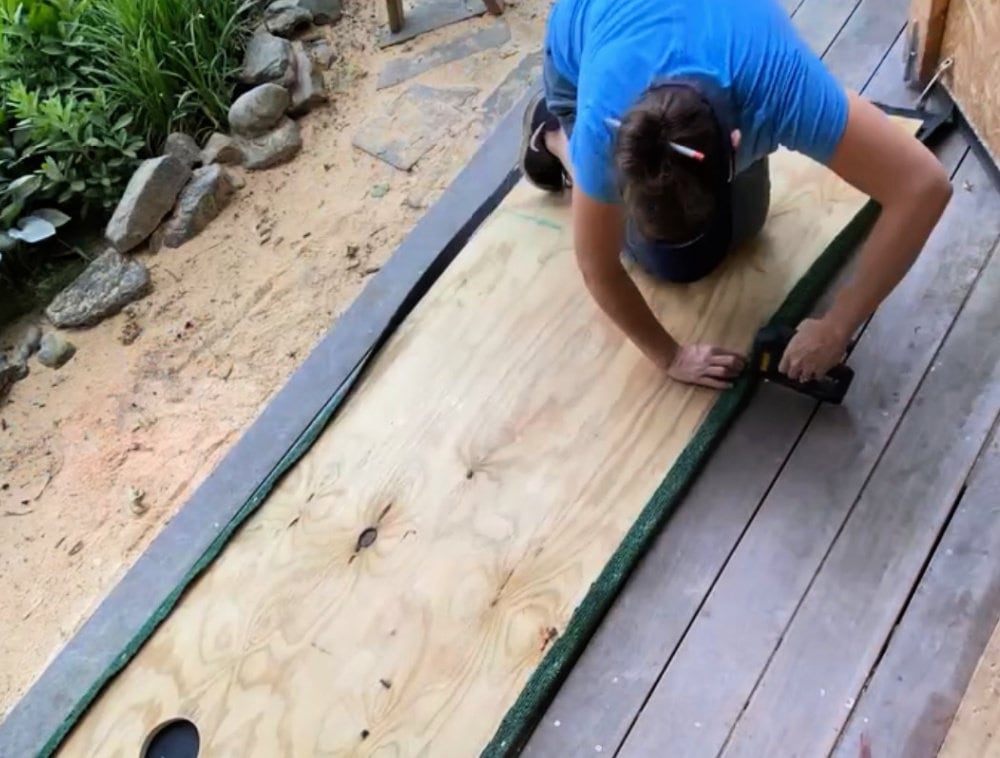 stapling turf to plywood